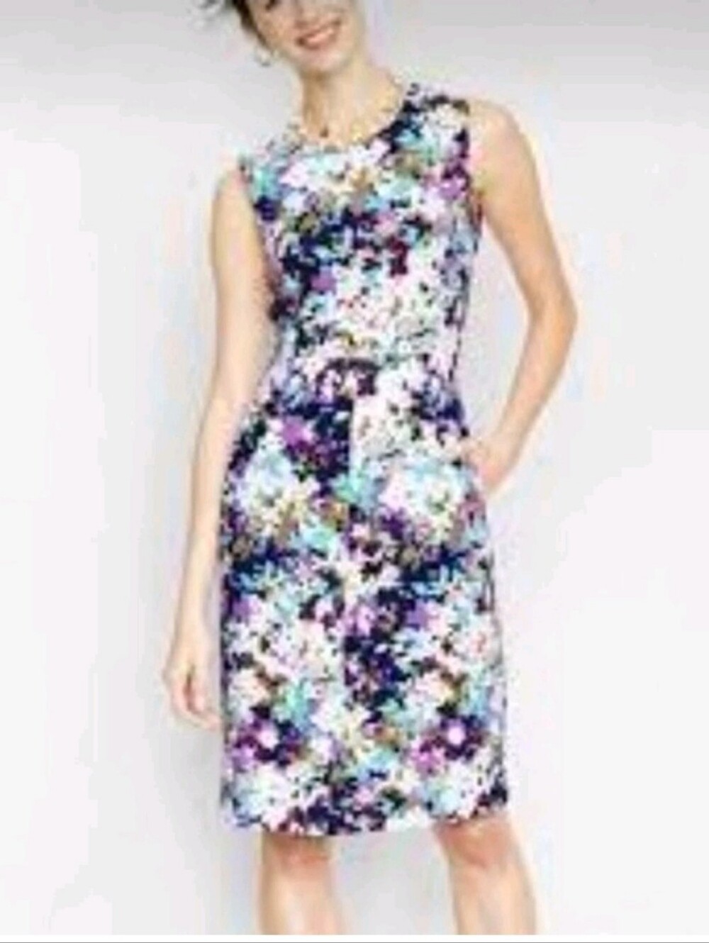 Lands' End Womens Sheath Dress Purple Blue Floral Sleeveless Knee Stretch Zip 10 - Picture 1 of 15